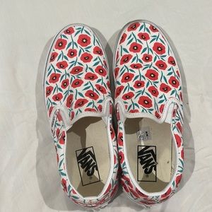 Vans Slip-On Red Poppy Flowers White Skate Shoes